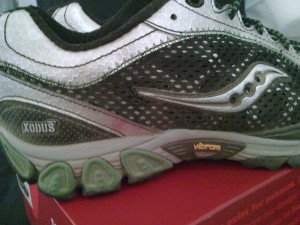 Saucony ProGrid Xodus Trail Running Shoe with Vibram Outsole closeup.